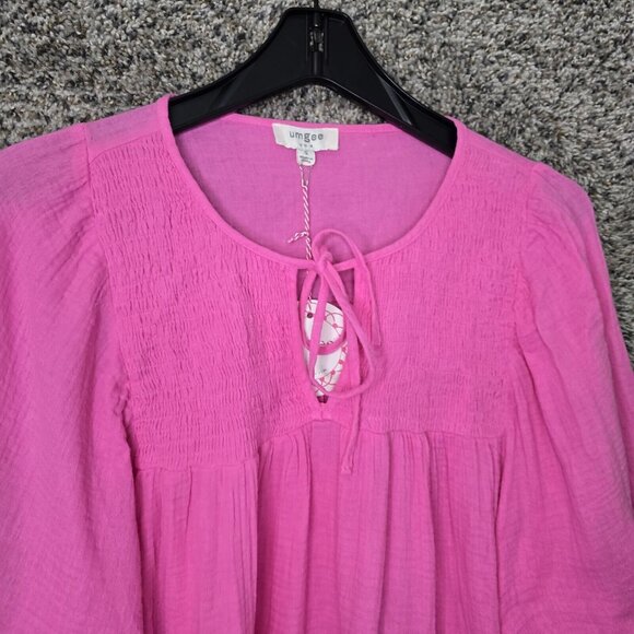 UMGEE Top Womens Small Pink Smocked Peasant Blouse Neck Tie Casual Ladies - Picture 4 of 7